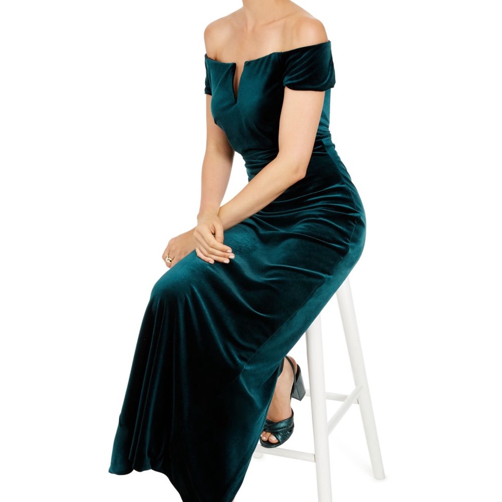 Xscape Off the shoulder green velvet maxi dress